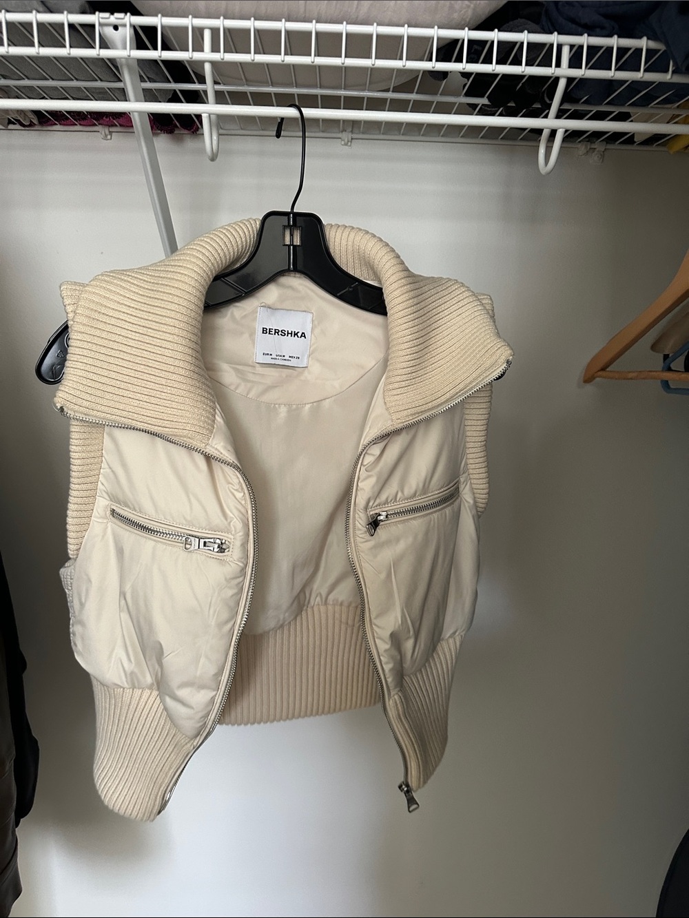 Bershka Cream Quilted Knit-Trim Puffer Vest